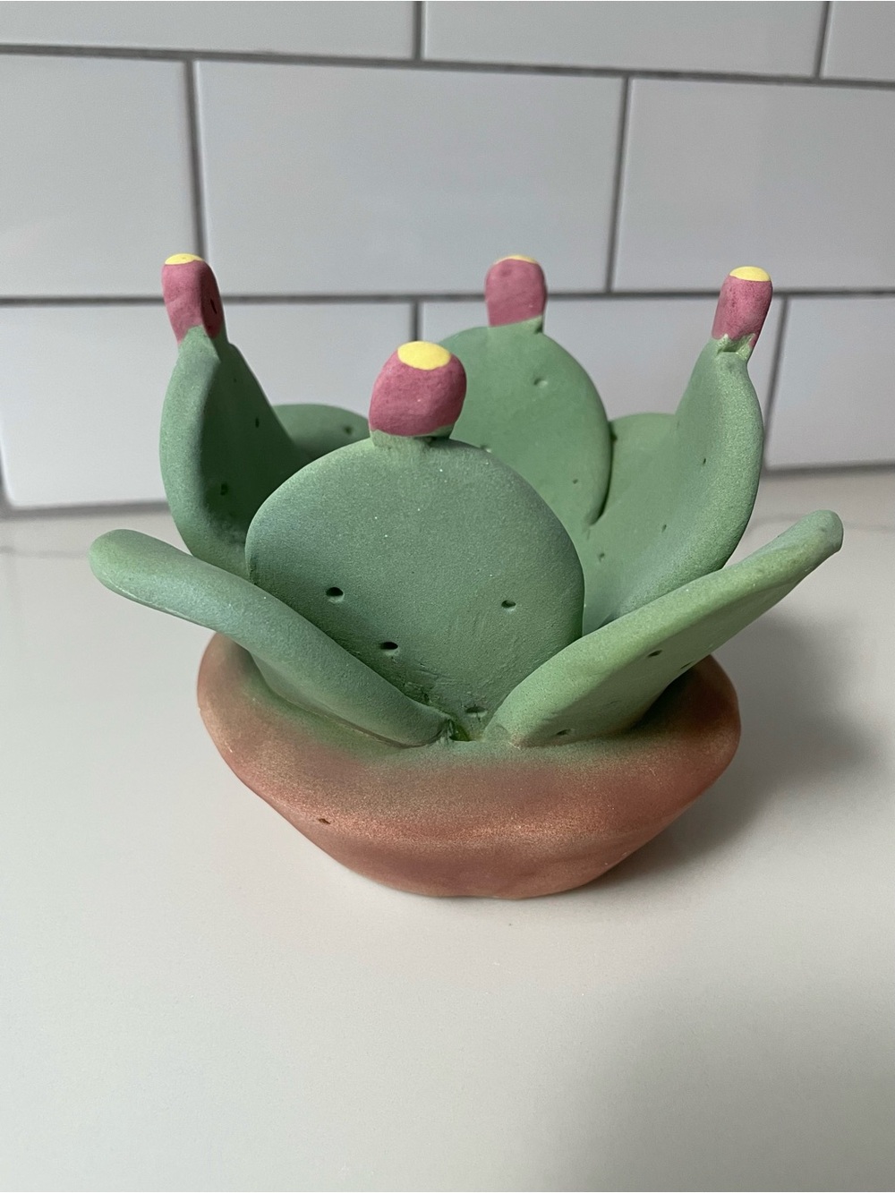 Handmade Folk Art Prickly Pear Cactus Sculpture Jewlery/Trinket Dish